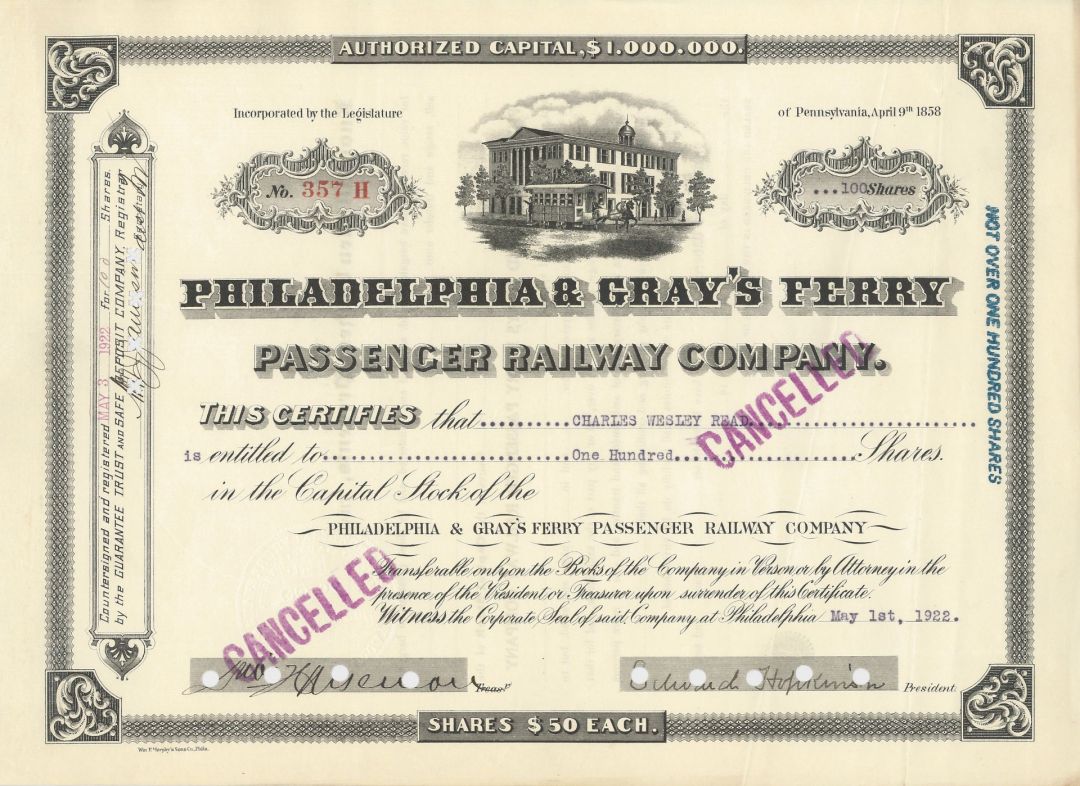 Philadelphia and Gray's Ferry Passenger Railway Co. - Stock Certificate