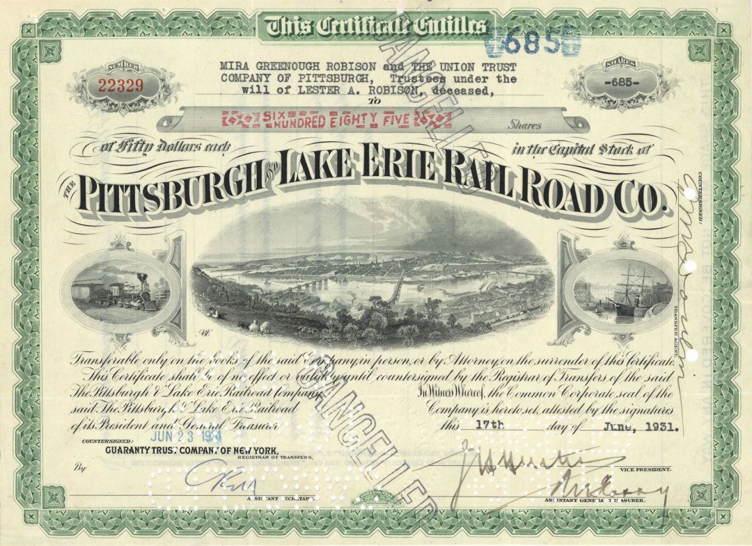 Pittsburgh and Lake Erie Railroad Co. - Stock Certificate