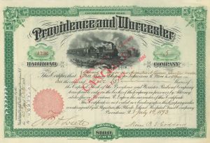 Providence and Worcester Railroad Co. - 1880's Railway Stock Certificate - Rhode Island & Massachusetts