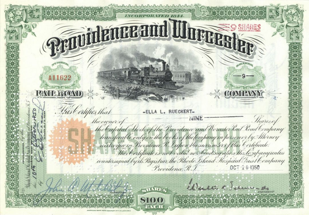 Providence and Worcester Rail Road Co. - Railway Stock Certificate