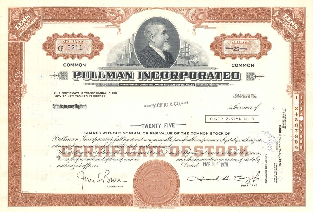 Pullman Incorporated - dated 1970's Railroad Car Manufacturer Stock Certificate - Available in Brown or Olive