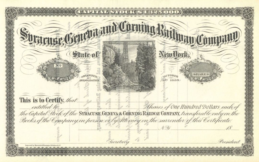 Syracuse, Geneva and Corning Railway - circa 1880-1920's Unissued Railroad Stock Certificate - New York