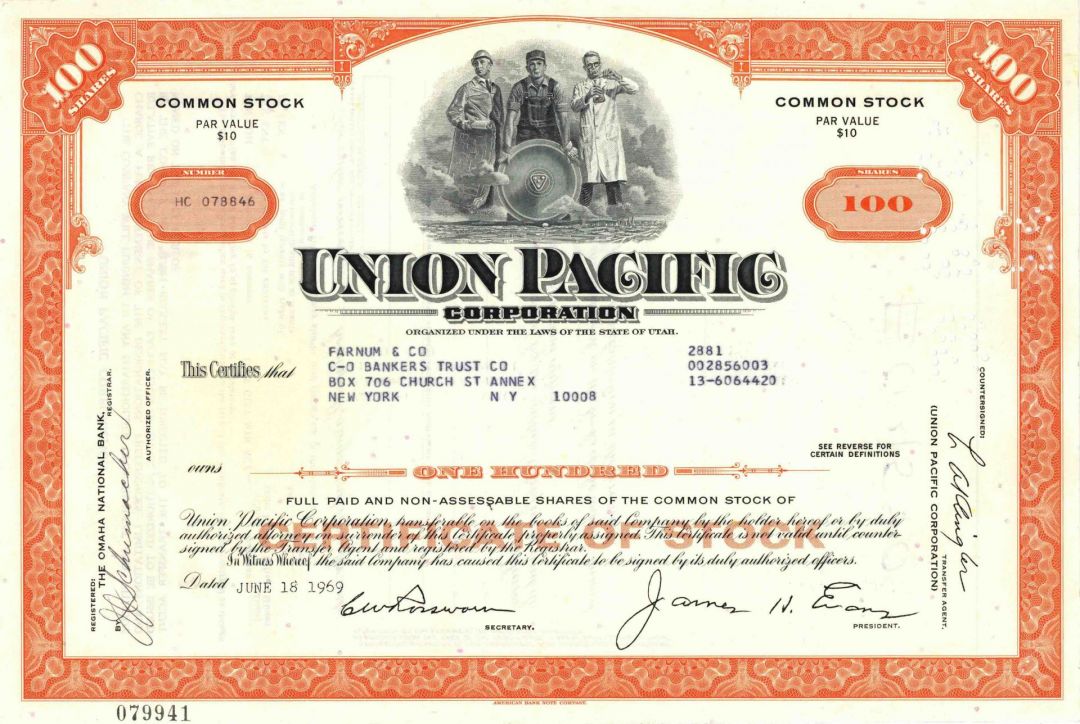 Union Pacific Corporation - dated 1970's-80's Railway Stock Certificate ...