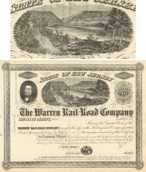 Warren Railroad Co. - 1850's dated New Jersey Unissued Railway Stock Certificate - Great Rail-Road History