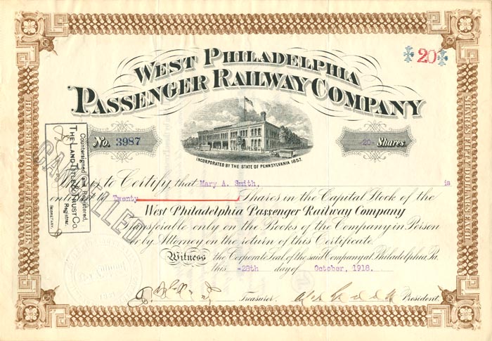 West Philadelphia Passenger Railway Co. - Stock Certificate