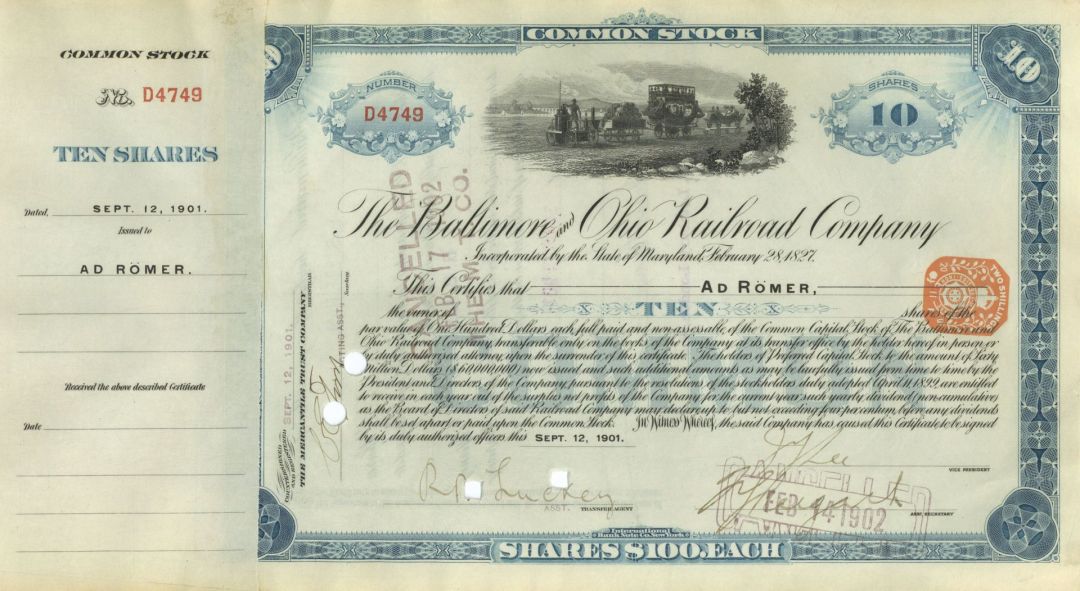 Baltimore and Ohio Railroad - 1901 dated Railway Stock Certificate