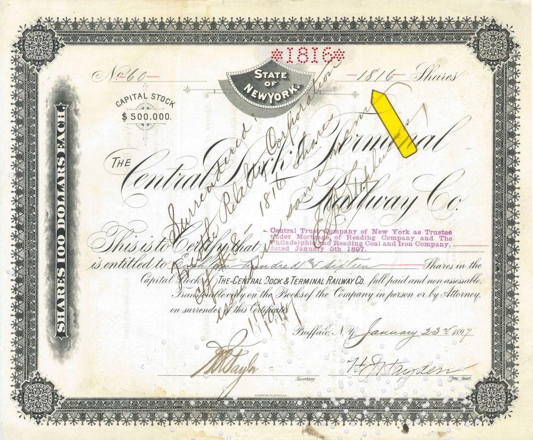 Central Dock Terminal Railway Co. - High Denominations Stock Certificate