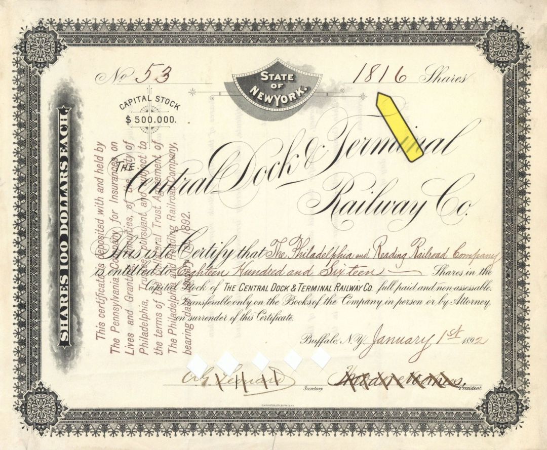 Central Dock Terminal Railway Co. - High Denominations Stock Certificate