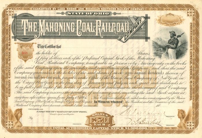 Mahoning Coal Railroad Co. - Unissued Stock Certificate