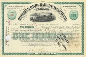 Mobile and Ohio Railroad Co. - Railway Stock Certificate from Alabama, Mississippi, Tennessee & Kentucky