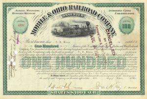 Mobile and Ohio Railroad Co. - Railway Stock Certificate from Alabama, Mississippi, Tennessee & Kentucky