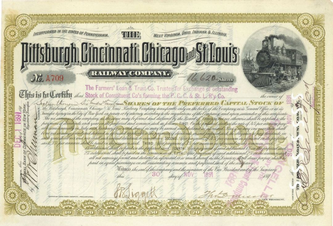 Pittsburgh, Cincinnati, Chicago and St. Louis Railway Co. - 1891 dated Railroad Stock Certificate