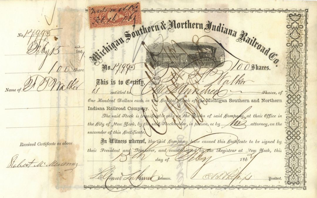 Michigan Southern and Northern Indiana Railroad - 1860's dated Railway Stock Certificate