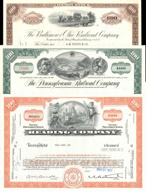 Monopoly Board Game Set of 3 Railroad Stock Certificates - B&O Railroad, Penn Railroad & Reading Railroad - 1940's-70's dated 3 Railroad Stock Certificates