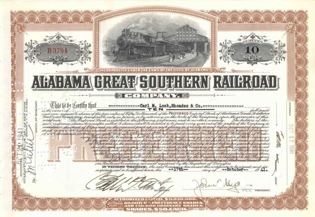 Alabama Great Southern Railroad - 1940's dated Railway Stock Certificate