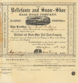 Bellefonte and Snow-Shoe Rail Road Co. - 1850's-70's dated Railway Stock Certificate - Bellefonte and Snowshoe Railroad