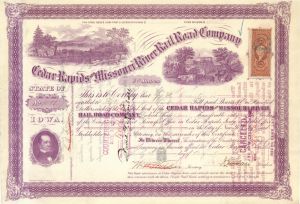 Cedar Rapids and Missouri River Railroad Co. - 1867 dated Stock Certificate