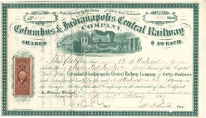 Columbus and Indianapolis Central Railway Co. - 1864 or 1867 dated Stock Certificate with Revenue Stamp