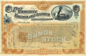 East Tennessee, Virginia and Georgia Railway Co. - Gorgeous Railroad Stock Certificate