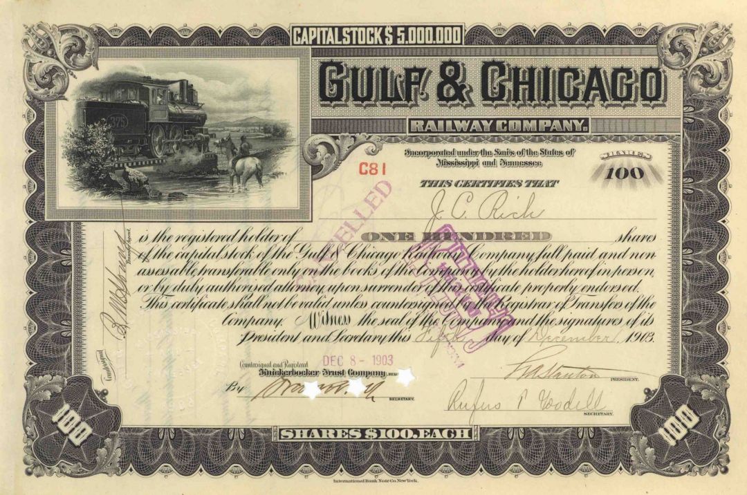 Gulf and Chicago Railway Co. - 1903 dated Mississippi and Tennessee Railroad Stock Certificate