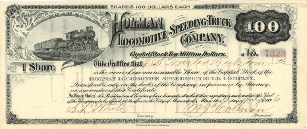 Holman Locomotive Speeding Truck Co. - 1896 dated Stock Certificate