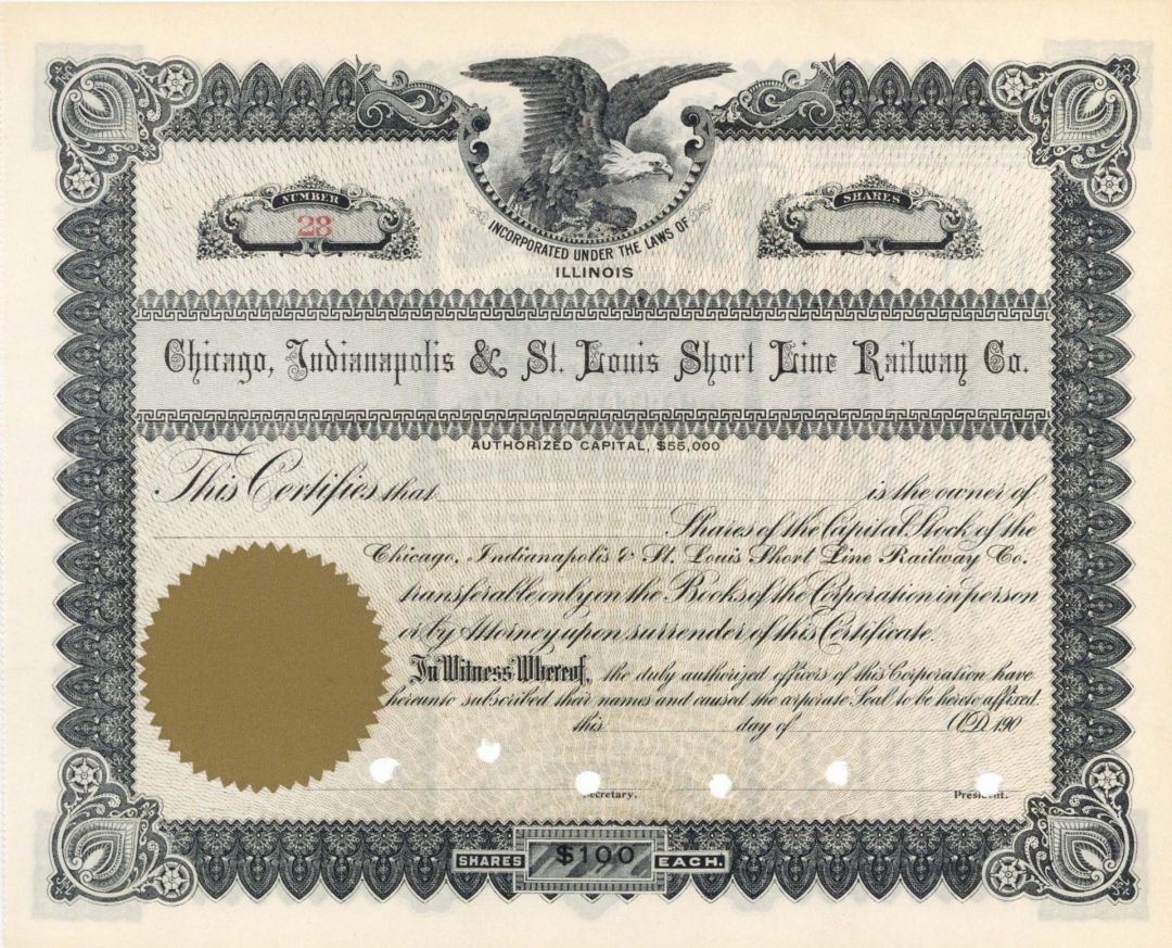 Chicago, Indianapolis and St. Louis Short Line Railway Co. - Unissued Stock Certificate