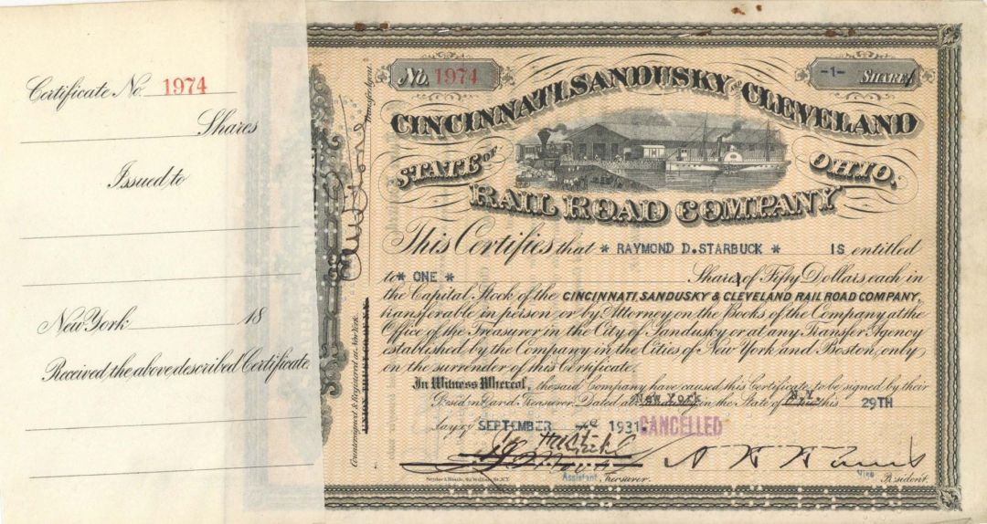 Cincinnati, Sandusky and Cleveland Rail Road Co. - 1860's-1930's dated Stock Certificate