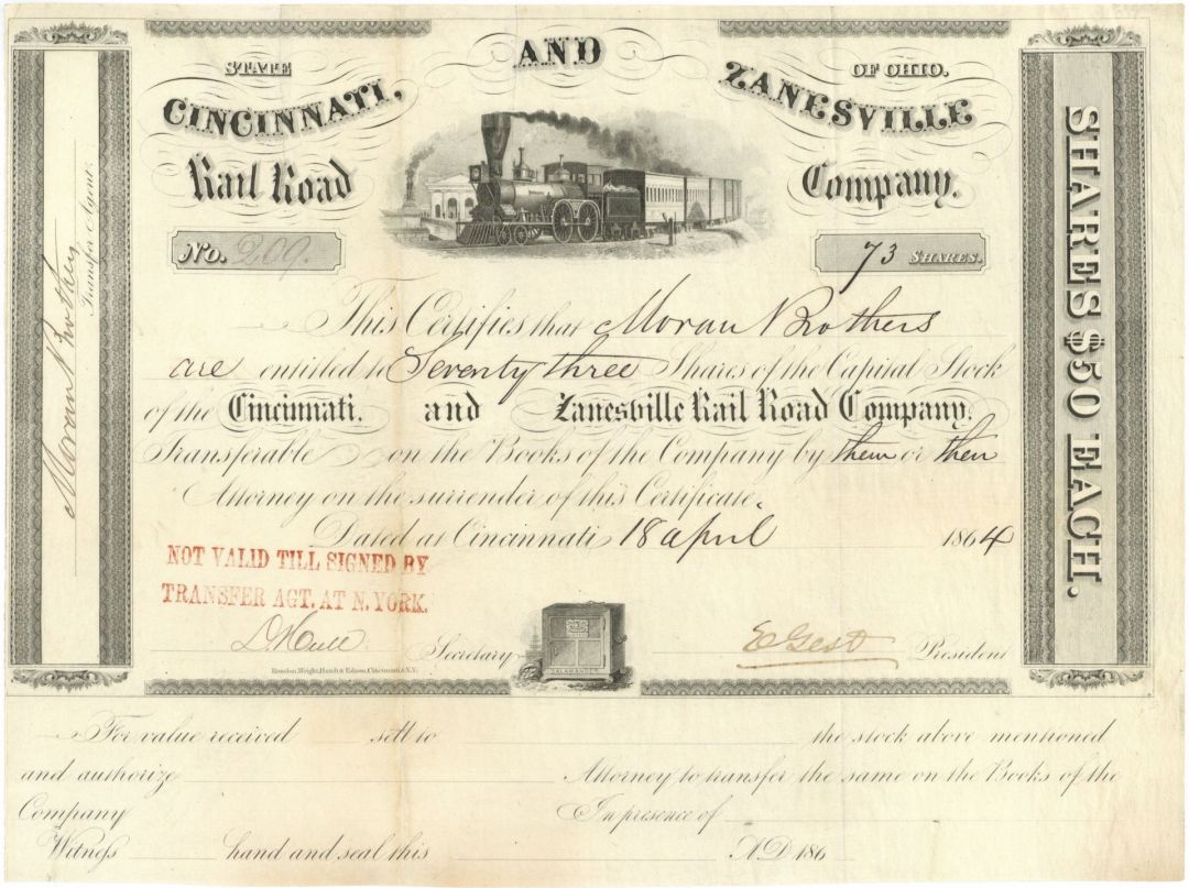 Cincinnati and Zanesville Railroad - Ohio Railway Stock Certificate