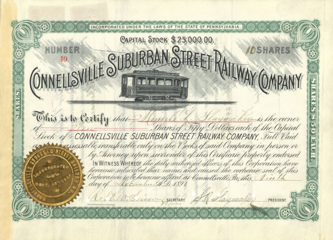 Connellsville Suburban Street Railway - Pennsylvania Railroad Stock Certificate - Gold Seal