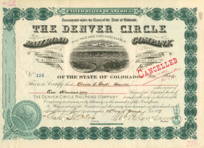 Denver Circle Railroad Co. - Stock Certificate