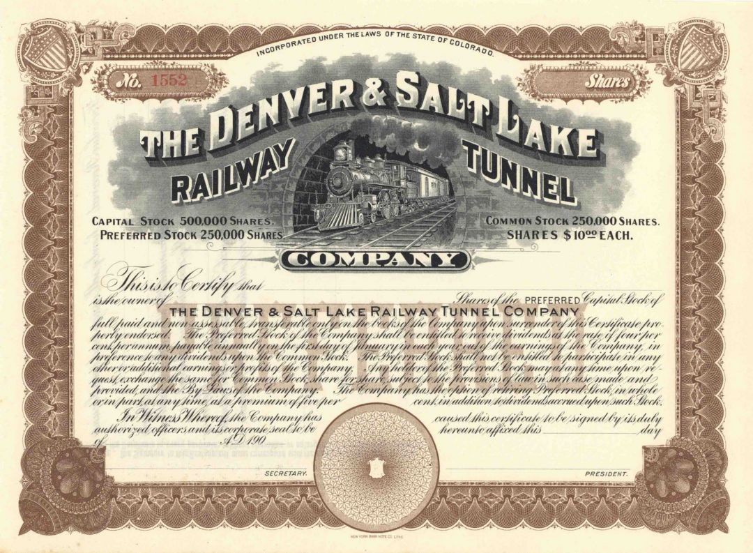 Denver and Salt Lake Railway Tunnel Co. - 1900's dated Unissued Railroad Stock Certificate