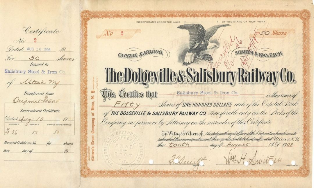 Dolgeville and Salisbury Railway Co. - Stock Certificate