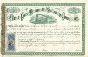 Flint and Pere Marquette Railway Co. - 1872 dated Stock Certificate with Revenue Stamp