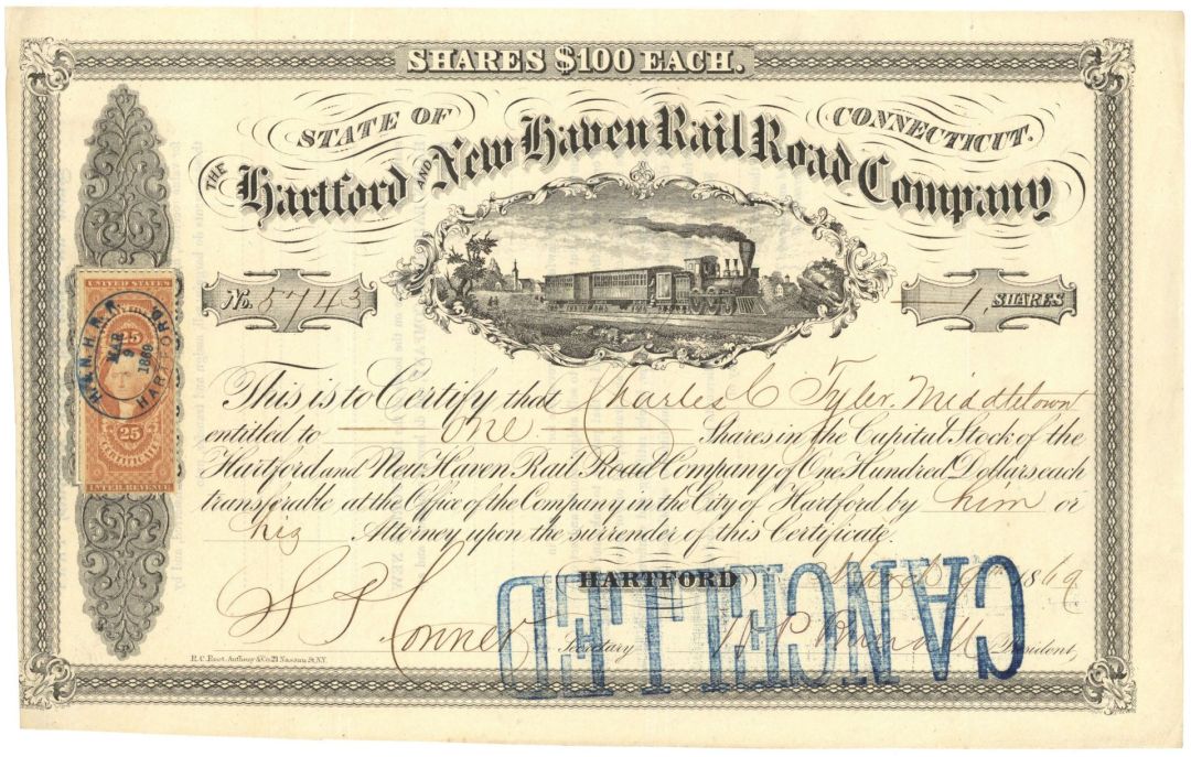 Hartford and New Haven Railroad - 1865-68 dated Railway Stock Certificate