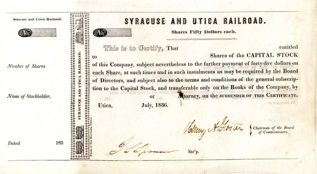 Syracuse and Utica Railroad - 1836 dated Stock Certificate (Uncanceled)