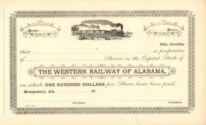 Western Railroad Company of Alabama  - Unissued Stock Certificate