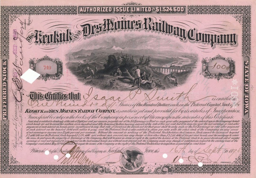 Keokuk and Des Moines Railway Co. - Stock Certificate