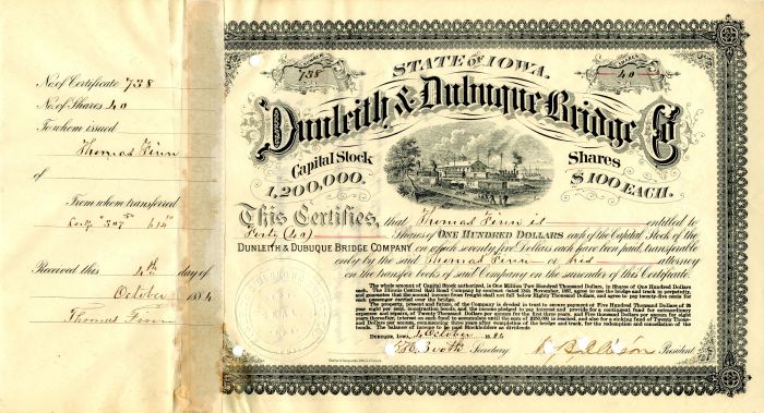 Dunleith and Dubuque Bridge Co. - Stock Certificate