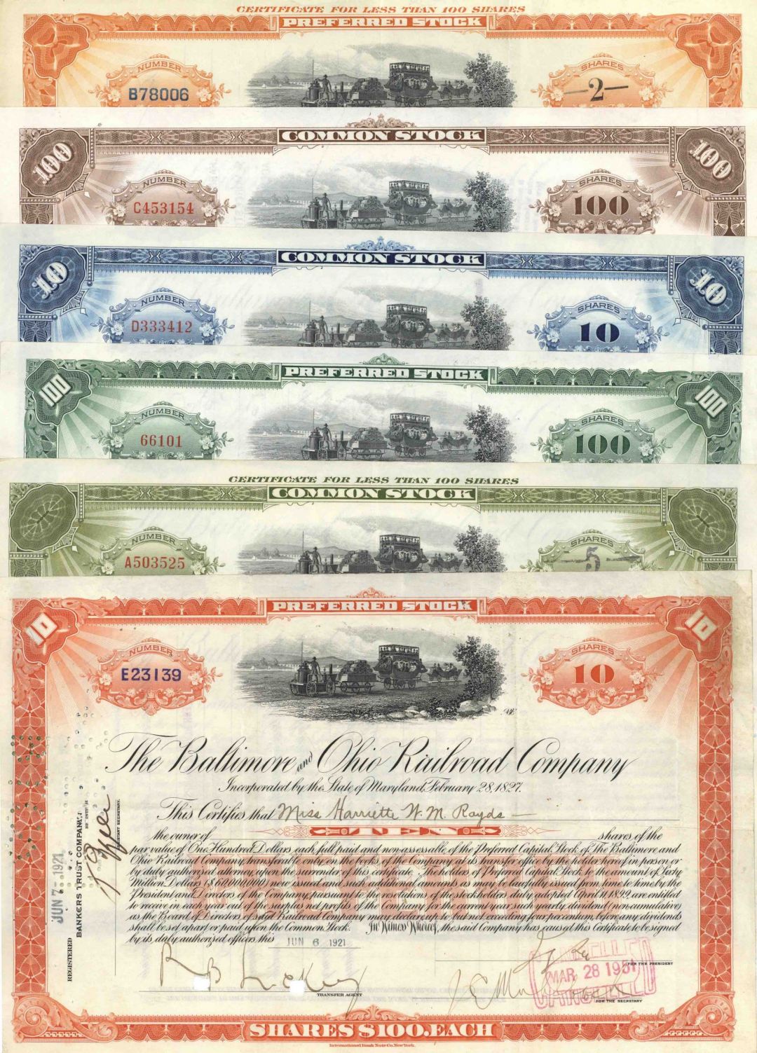 Collection of 6 Different Color Stocks - Baltimore and Ohio Railroad Collection of Six Stock Certificates