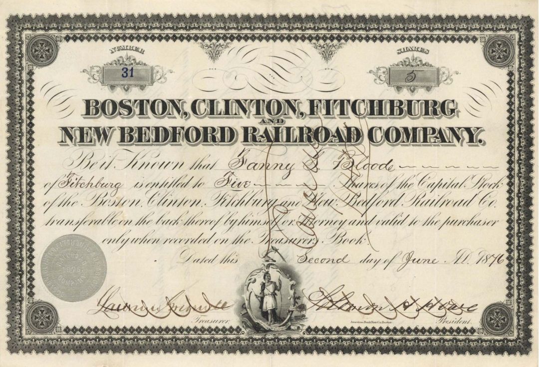 Boston, Clinton, Fitchburg and New Bedford Railroad Co. - 1876-1877 dated Stock Certificate