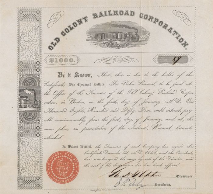 Old Colony Railroad Corporation - $1,000 Bond