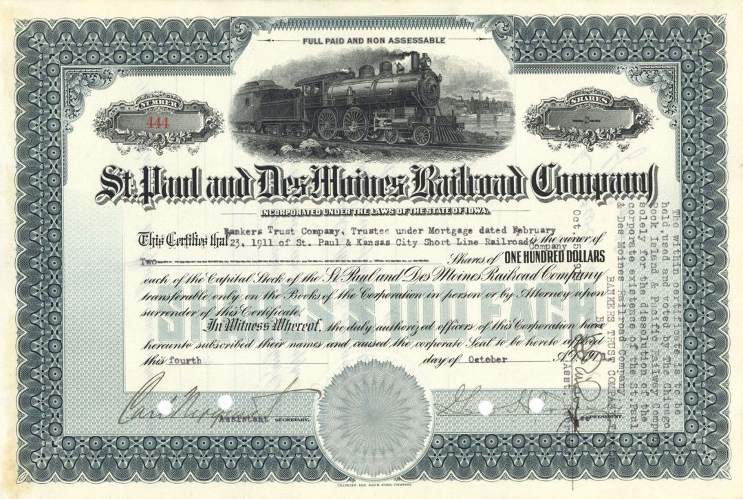 St. Paul and Des Moines Railroad Co. - Stock Certificate