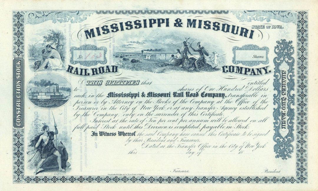 Mississippi and Missouri Railroad Co. - Stock Certificate