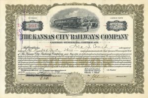 Kansas City Railways - 1924 dated Railroad Stock Certificate