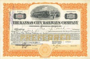 Kansas City Railways - 1924 dated Railroad Stock Certificate