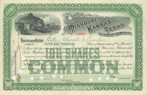 Missouri, Kansas and Texas Railway Co. - The Katy - 1890's-1919 dated Railroad Stock Certificate