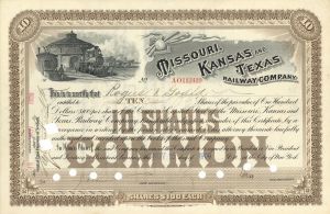 Missouri, Kansas and Texas Railway Co. - "The Katy" - 1890's-1919 dated Railroad Stock Certificate