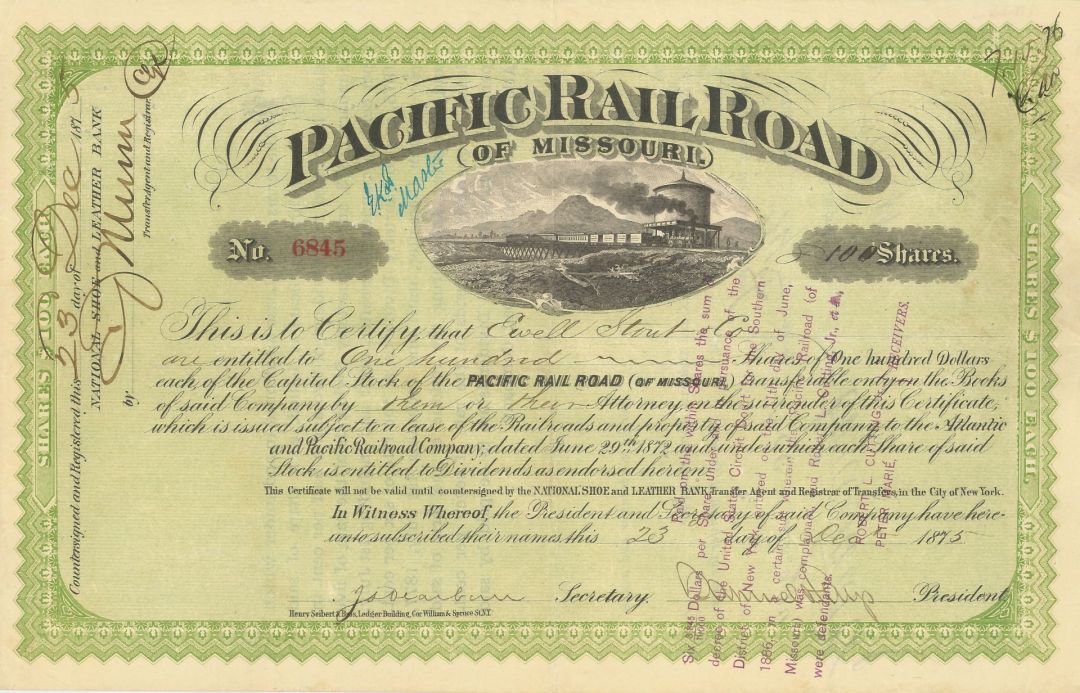 Pacific Railroad of Missouri - 1870's dated Railway Stock Certificate - Beautiful Certificate