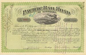 Pacific Railroad of Missouri - 1870's dated Railway Stock Certificate - Beautiful Certificate