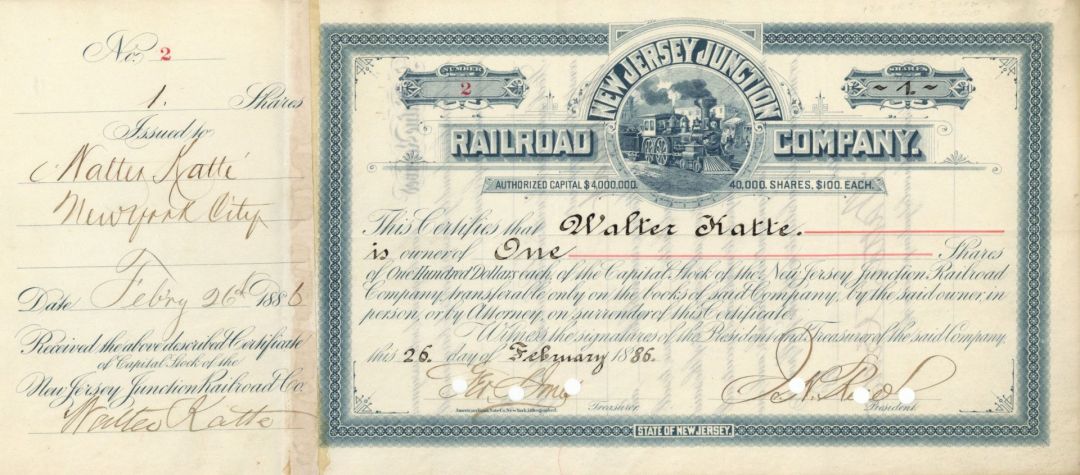 New Jersey Junction Railroad Co. - Stock Certificate